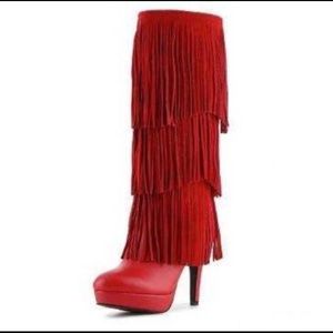Fringe Leather High Heel Knee High Red Boot Lupita